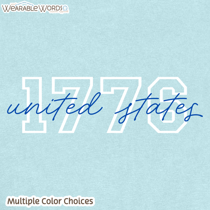 1776 United States Graphic Tee | Collegiate Cursive Blue & White Print | Women's Boxy T-Shirt