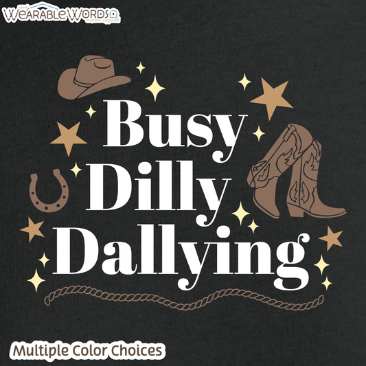 Busy Dilly Dallying Crop Top | Brown Western Cowboy Print | Black, Navy, or Tan Women's Graphic Tee