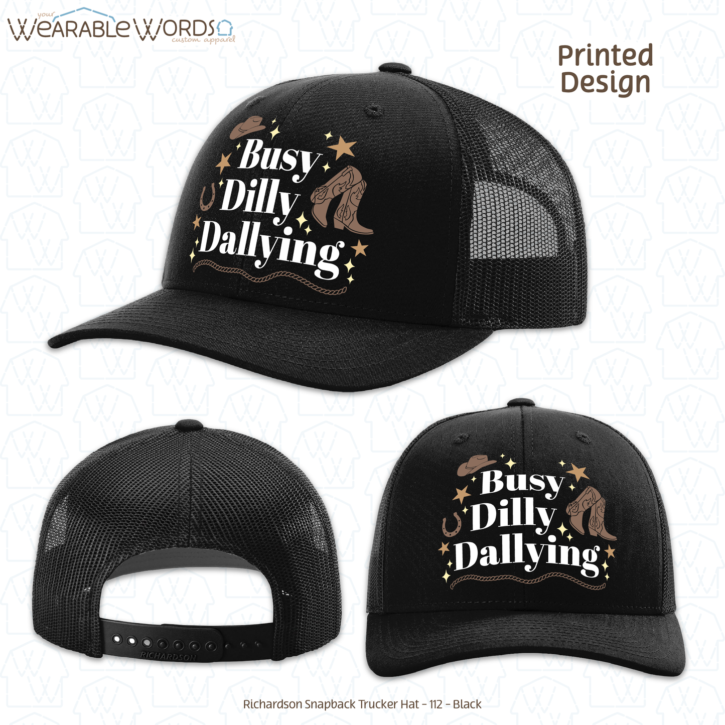 Busy Dilly Dallying Graphic Hat | Western Cowboy Cowgirl Sparkle Star Print | Unisex Mesh Snapback