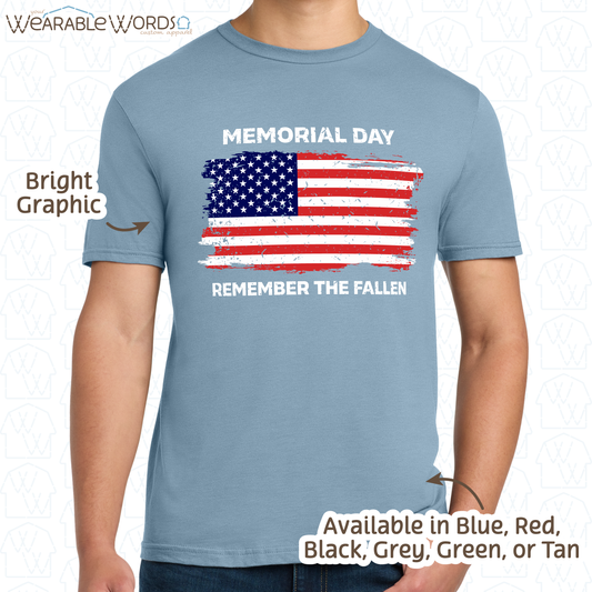 Remember The Fallen Memorial Day Graphic Tee | Distressed Patriotic American Flag Print | Unisex T-Shirt