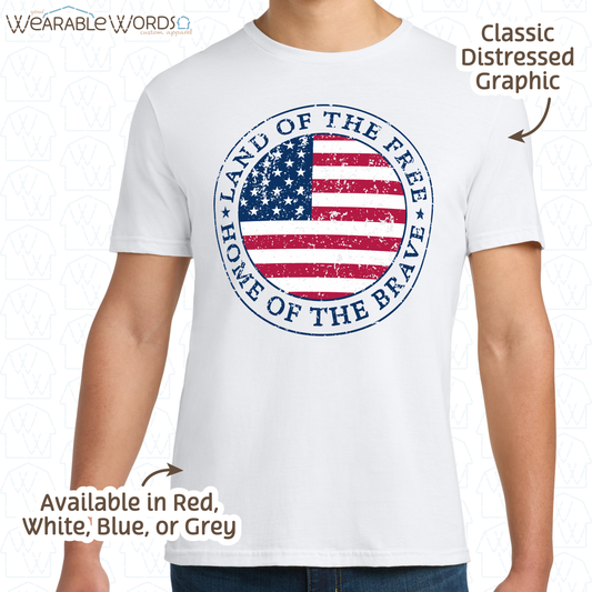 Land Of The Free Home Of The Brave Graphic Tee | Distressed American Flag Circle Print | Unisex T-Shirt