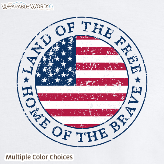 Land Of The Free Home Of The Brave Graphic Tee | Distressed American Flag Circle Print | Unisex T-Shirt