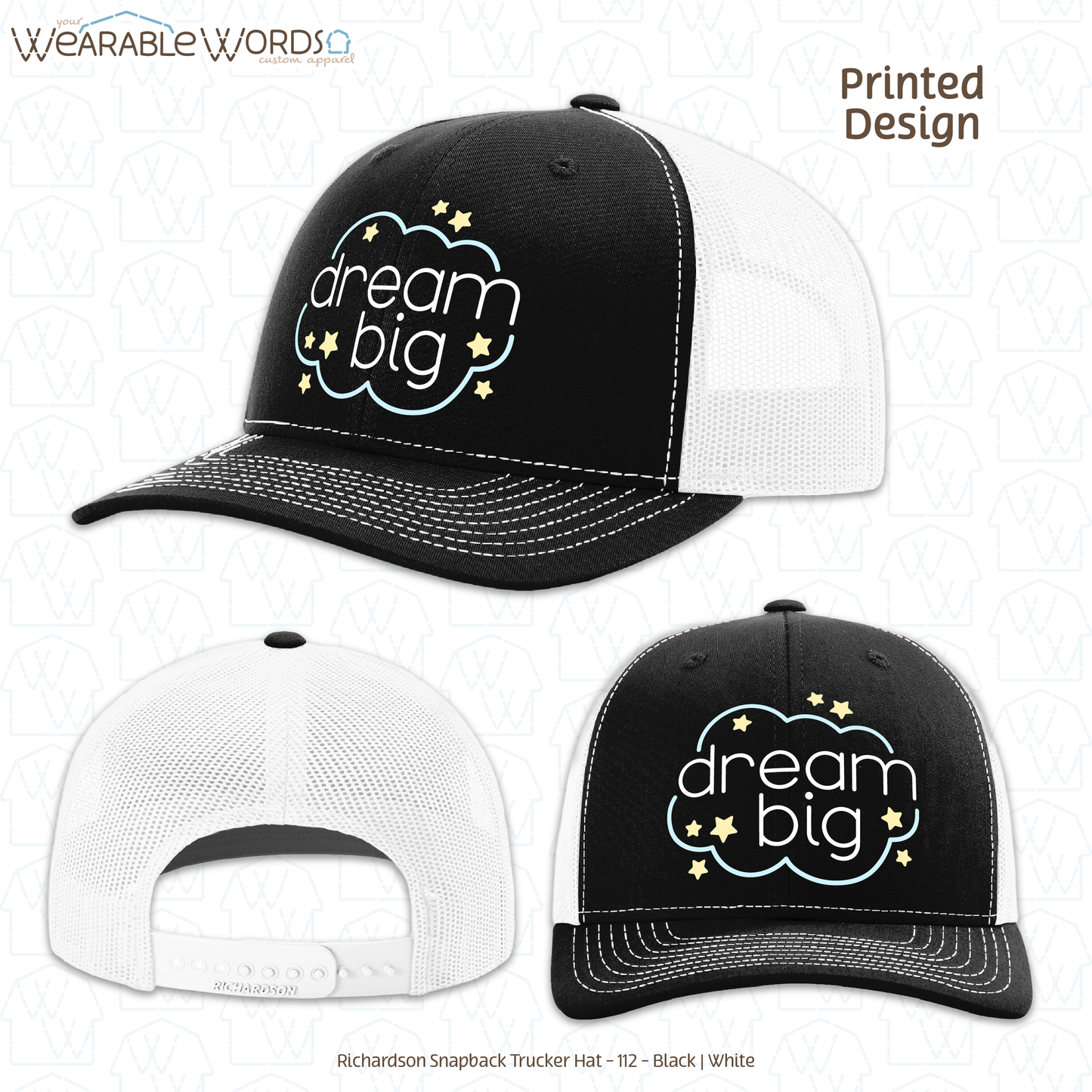 Dream Big Graphic Hat | Sleepy Pastel Cloud & Stars Print | Unisex Mesh Snapback