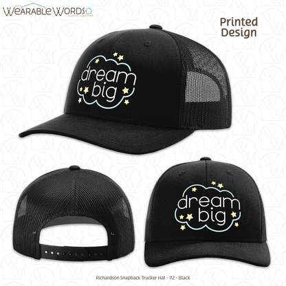 Dream Big Graphic Hat | Sleepy Pastel Cloud & Stars Print | Unisex Mesh Snapback