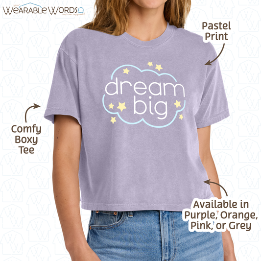 Dream Big Boxy T-Shirt | Pastel Cloud & Stars Print | Purple, Pink, Orange, or Grey Women's Graphic Tee