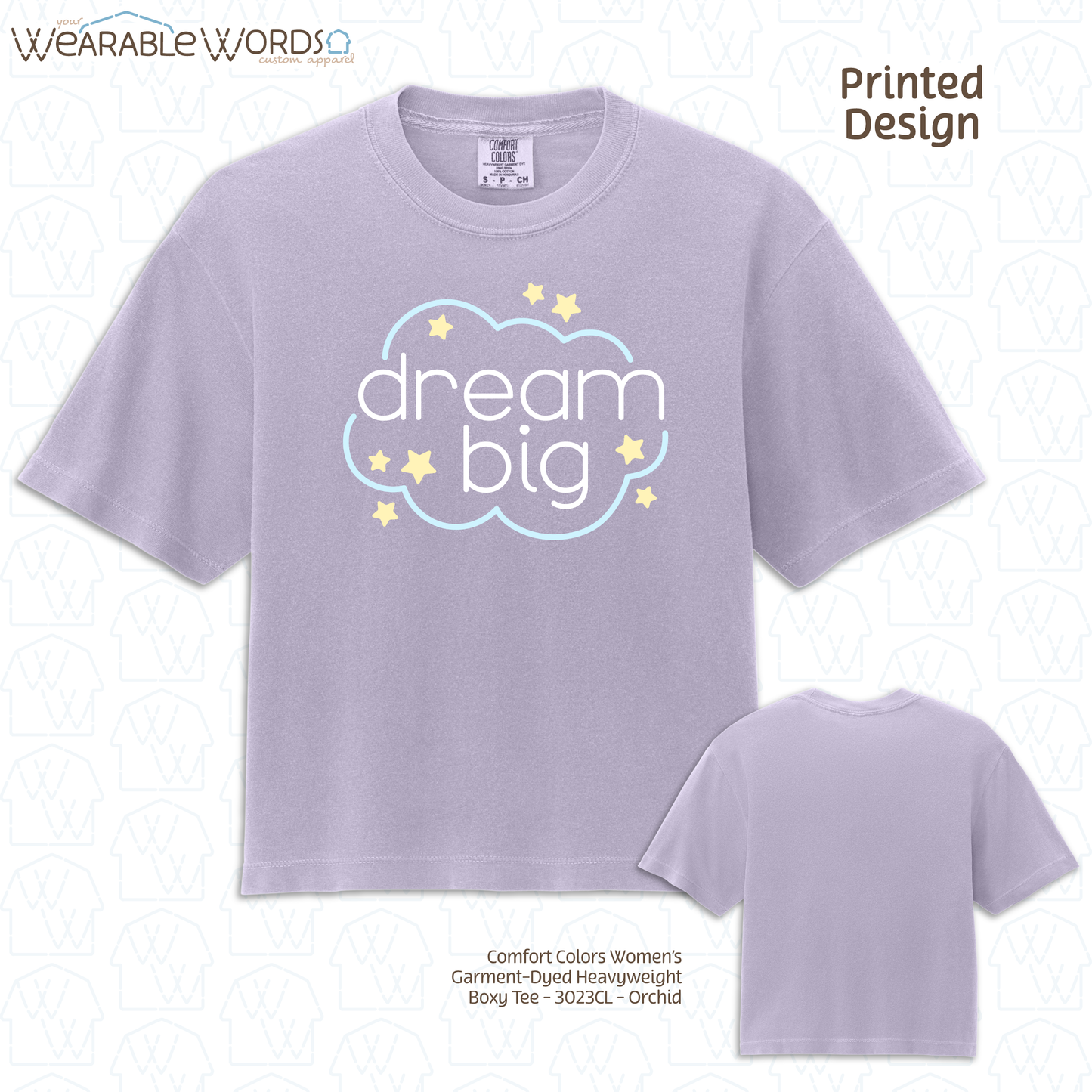 Dream Big Graphic Tee | Sleepy Pastel Cloud & Stars Print | Women's Boxy T-Shirt