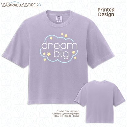 Dream Big Graphic Tee | Sleepy Pastel Cloud & Stars Print | Women's Boxy T-Shirt