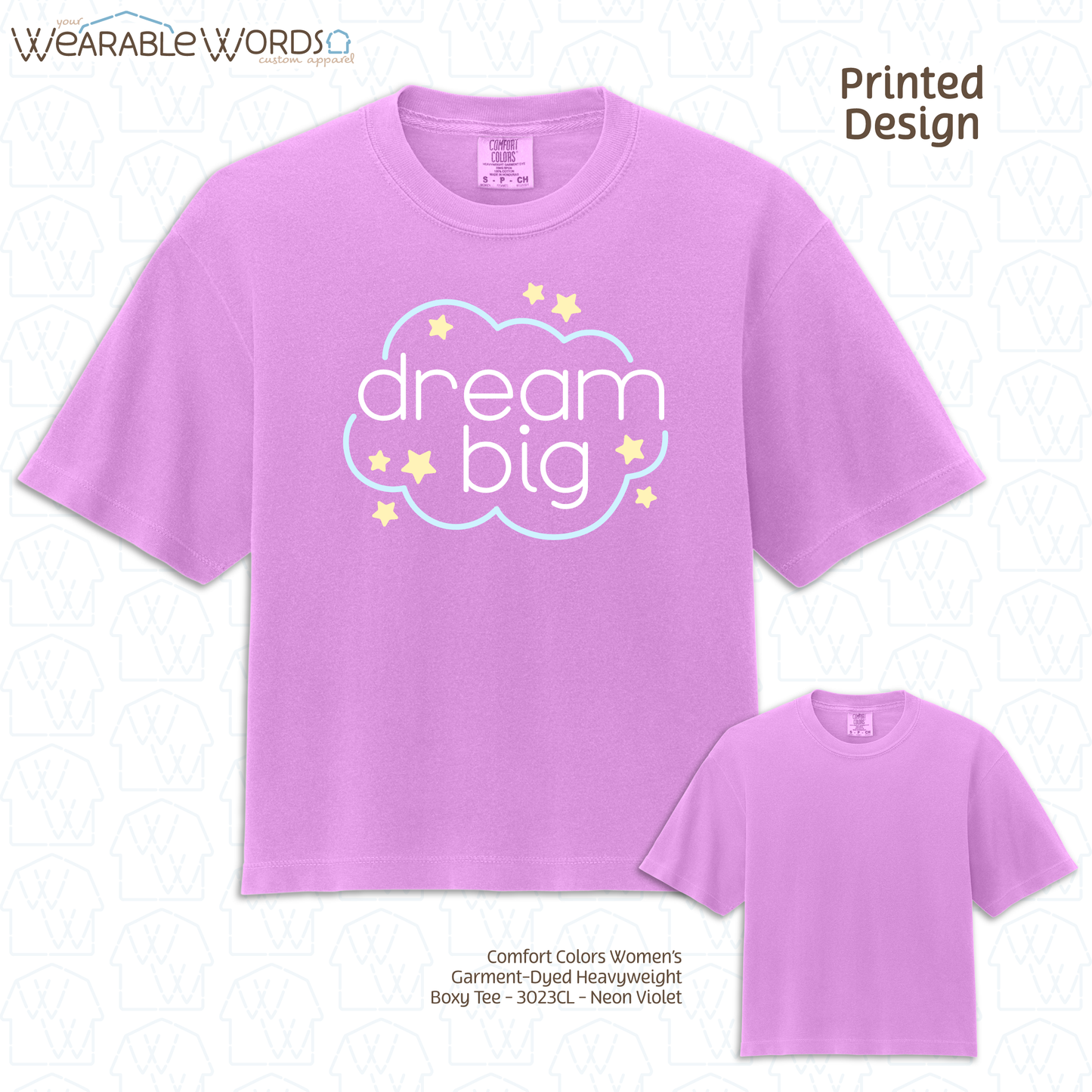 Dream Big Graphic Tee | Sleepy Pastel Cloud & Stars Print | Women's Boxy T-Shirt