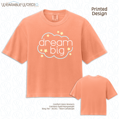 Dream Big Graphic Tee | Sleepy Pastel Cloud & Stars Print | Women's Boxy T-Shirt