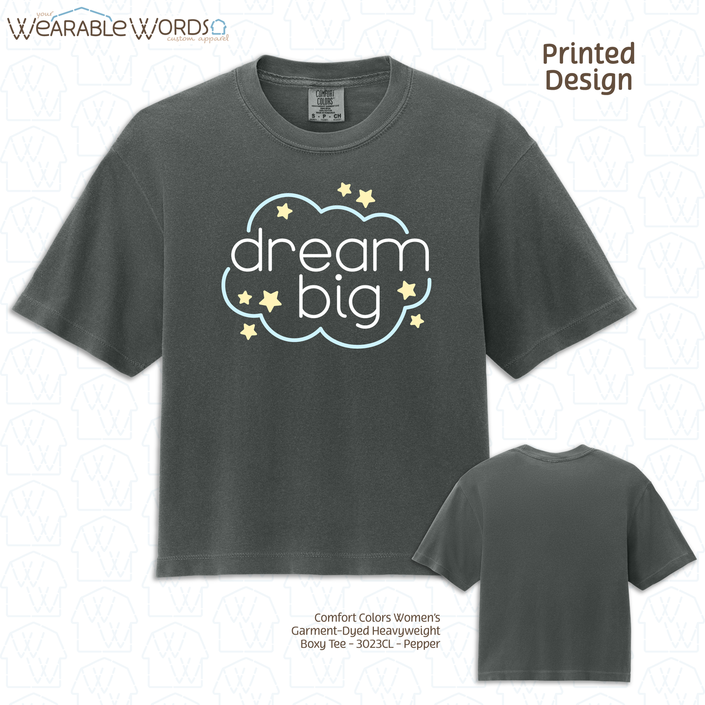 Dream Big Graphic Tee | Sleepy Pastel Cloud & Stars Print | Women's Boxy T-Shirt