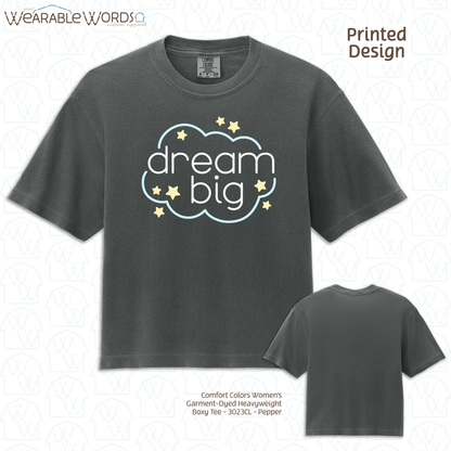 Dream Big Graphic Tee | Sleepy Pastel Cloud & Stars Print | Women's Boxy T-Shirt