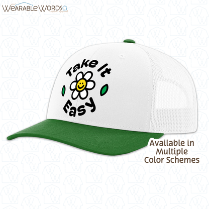 Take It Easy Graphic Hat | Fun Simple Blocky Daisy Print | Unisex Mesh Snapback