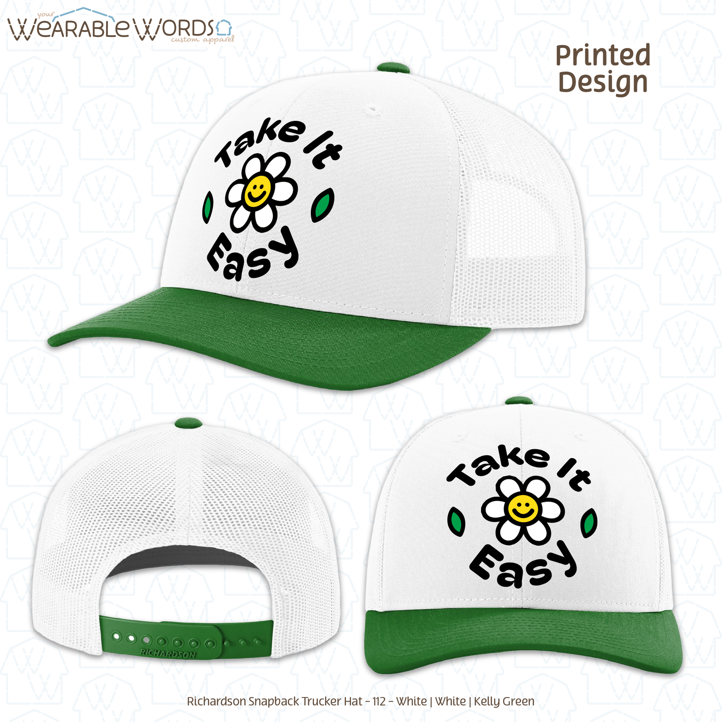 Take It Easy Graphic Hat | Fun Simple Blocky Daisy Print | Unisex Mesh Snapback