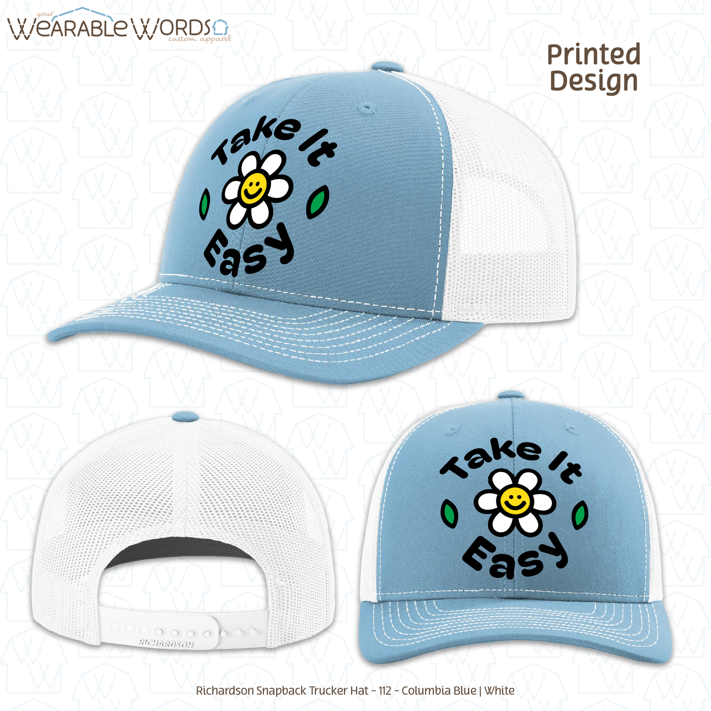 Take It Easy Graphic Hat | Fun Simple Blocky Daisy Print | Unisex Mesh Snapback