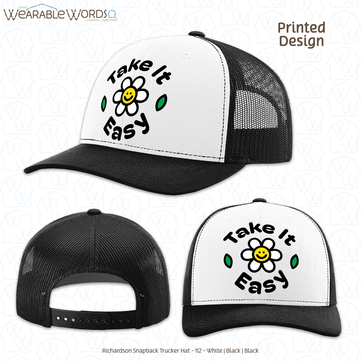 Take It Easy Graphic Hat | Fun Simple Blocky Daisy Print | Unisex Mesh Snapback