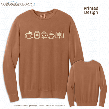 Cute Fall Things Graphic Crewneck | Pumpkin Candle Leaf Coffee Tea Book Autumn Print | Unisex Sweatshirt