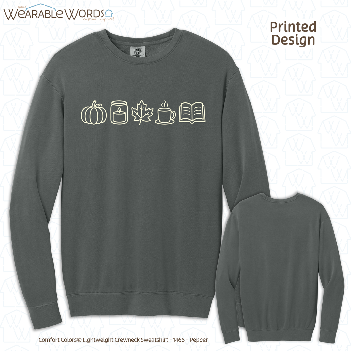 Cute Fall Things Graphic Crewneck | Pumpkin Candle Leaf Coffee Tea Book Autumn Print | Unisex Sweatshirt
