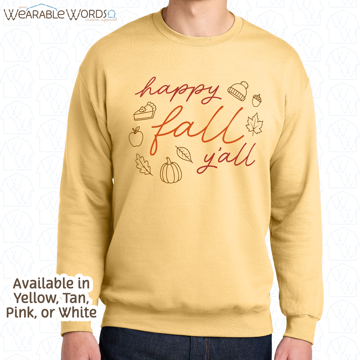 Happy Fall Y'all Graphic Crewneck | Cozy Autumn Cute Script Doodles Print | Unisex Sweatshirt