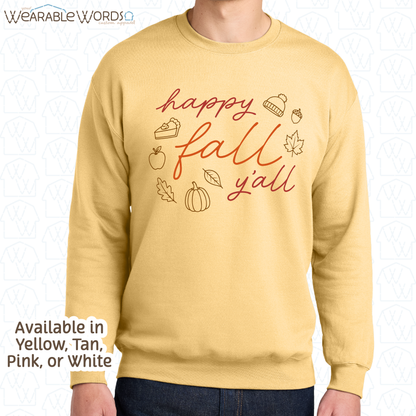 Happy Fall Y'all Graphic Crewneck | Cozy Autumn Cute Script Doodles Print | Unisex Sweatshirt