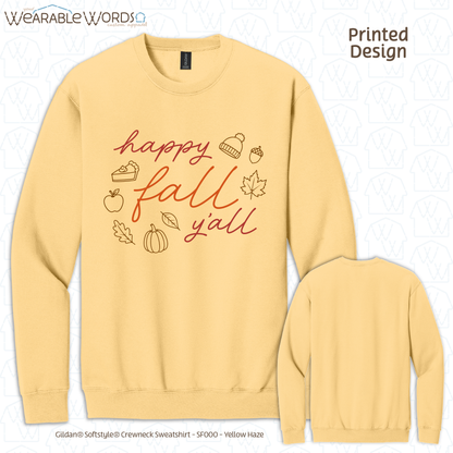 Happy Fall Y'all Graphic Crewneck | Cozy Autumn Cute Script Doodles Print | Unisex Sweatshirt