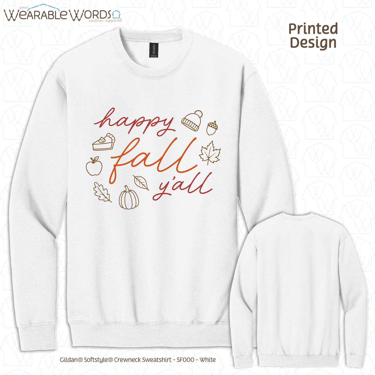 Happy Fall Y'all Graphic Crewneck | Cozy Autumn Cute Script Doodles Print | Unisex Sweatshirt