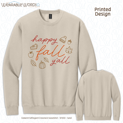 Happy Fall Y'all Graphic Crewneck | Cozy Autumn Cute Script Doodles Print | Unisex Sweatshirt