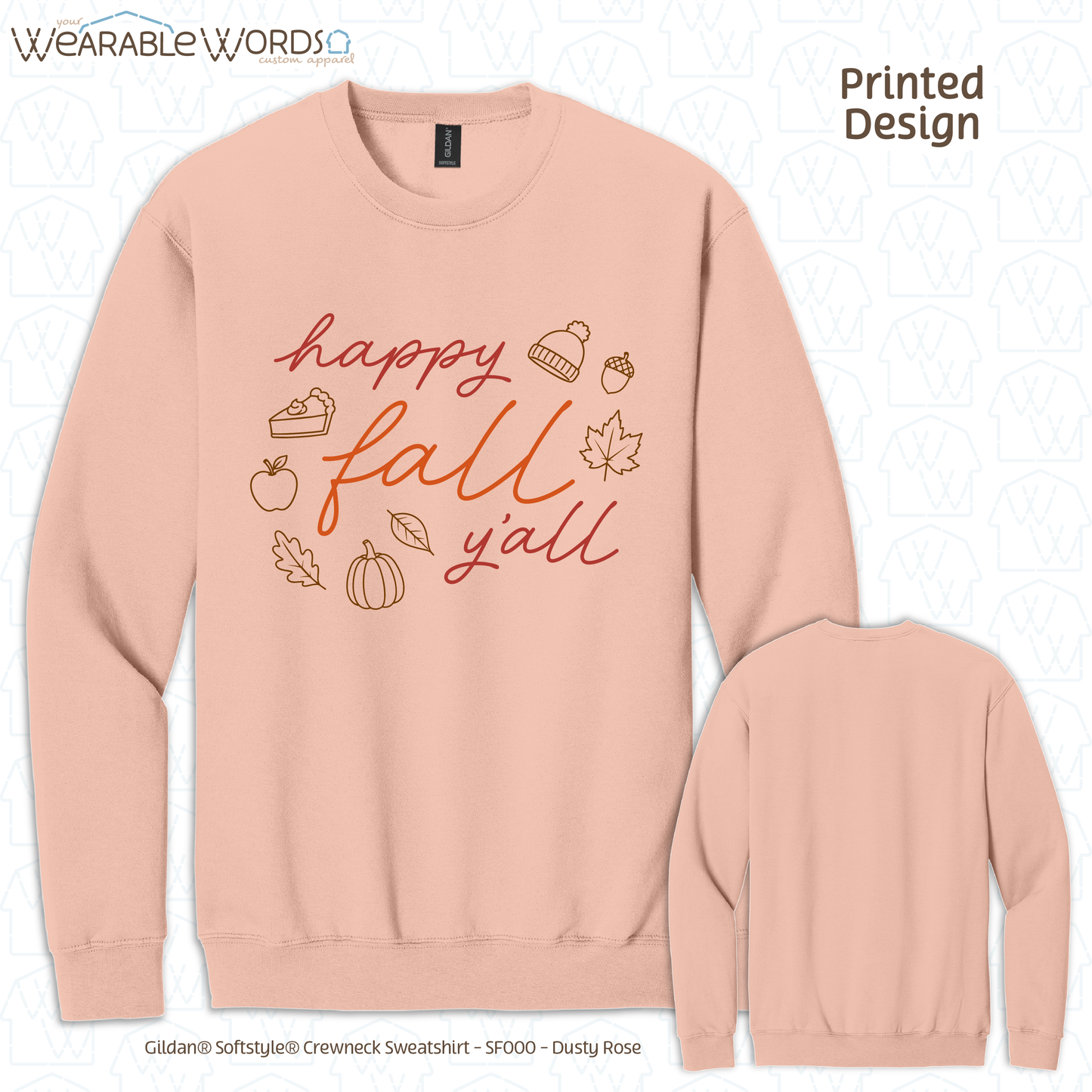 Happy Fall Y'all Graphic Crewneck | Cozy Autumn Cute Script Doodles Print | Unisex Sweatshirt