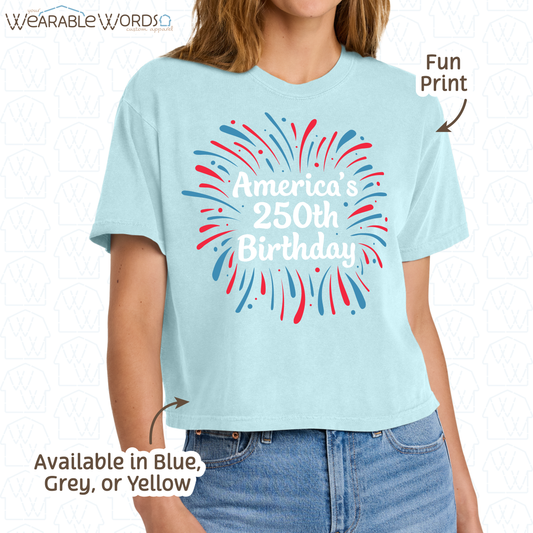 America's 250th Birthday Firework Graphic Tee | Red White & Blue Print | Women's Boxy T-Shirt