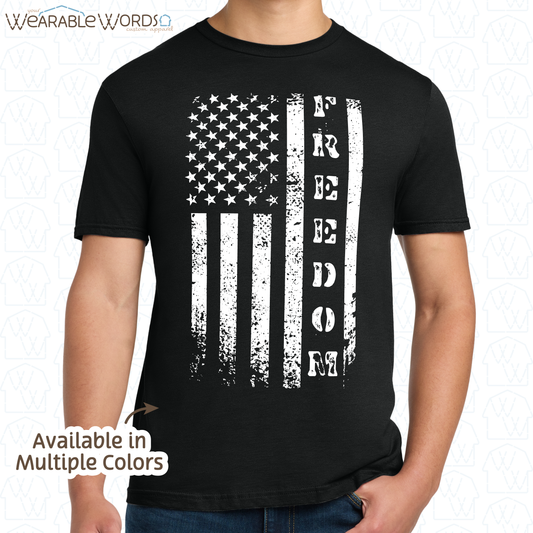 Freedom American Flag Graphic Tee | Distressed White Vertical Print | Unisex T-Shirt