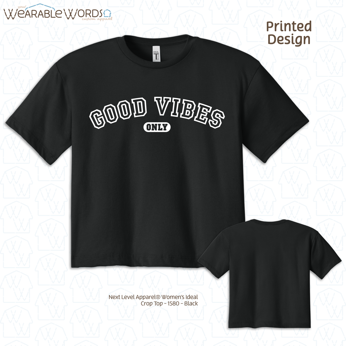 Good Vibes Only Cropped Graphic Tee | Varsity Collegiate Print | Women's Crop Top