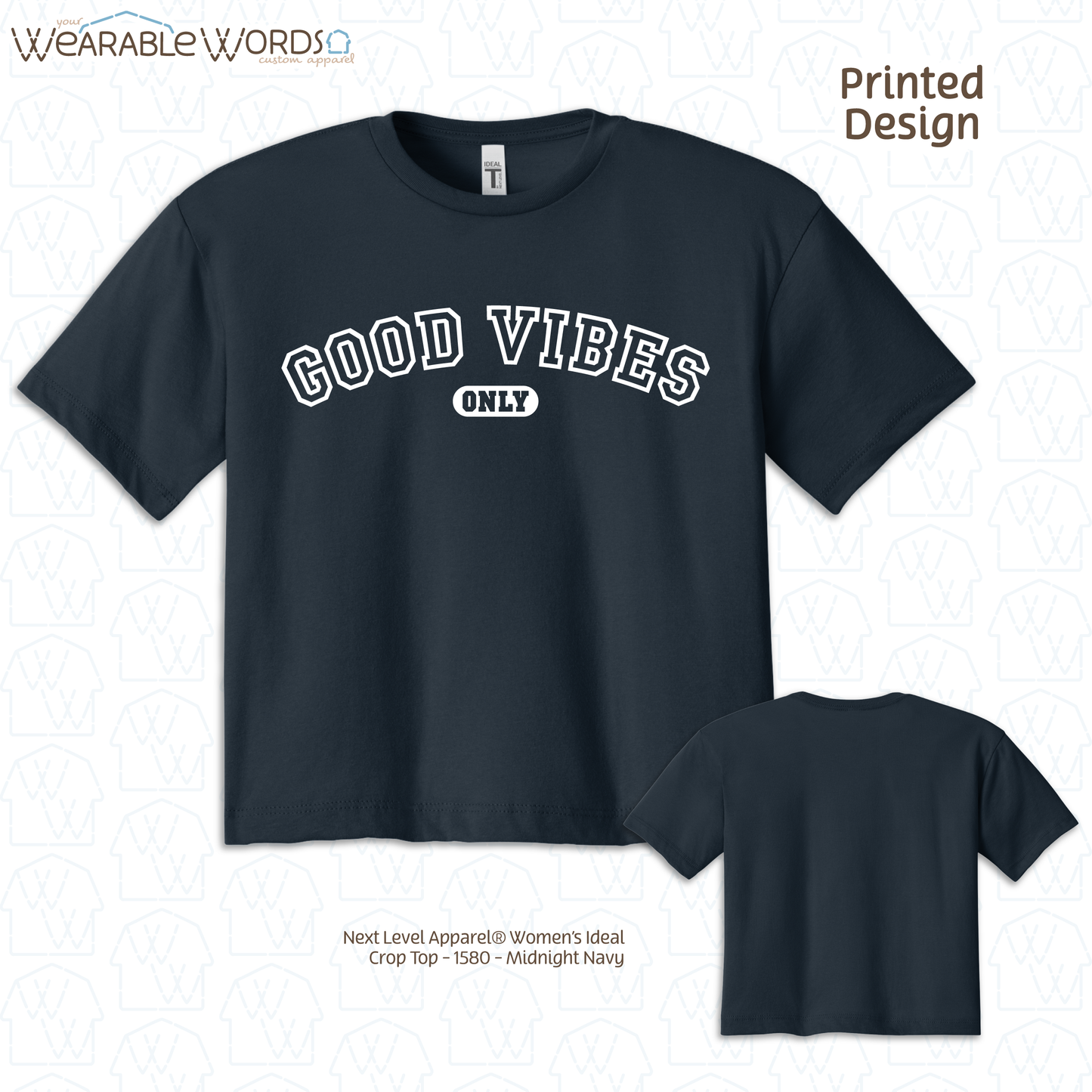 Good Vibes Only Cropped Graphic Tee | Varsity Collegiate Print | Women's Crop Top