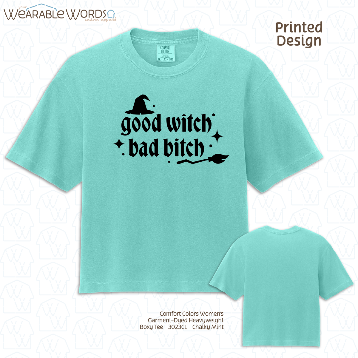 Good Witch Bad B*tch Graphic Tee | Spooky Sassy Witchy Baddie Gothic Sparkly Black Print | Women's Boxy Tee