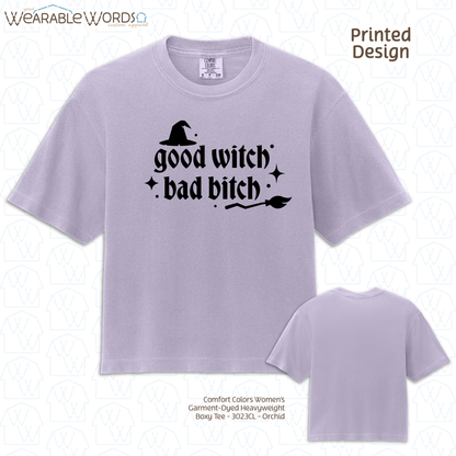 Good Witch Bad B*tch Graphic Tee | Spooky Sassy Witchy Baddie Gothic Sparkly Black Print | Women's Boxy Tee