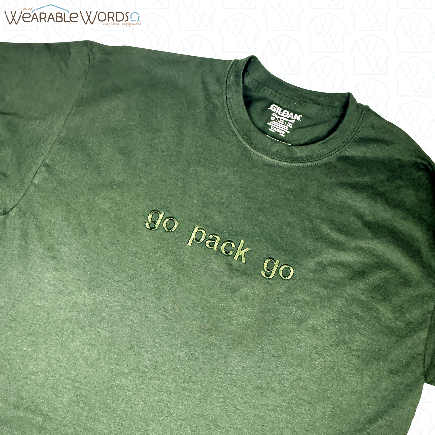 Go Pack Go Embroidered Green Design | T-Shirt, Crewneck, Hoodie | Wisconsin Green Bay Packers