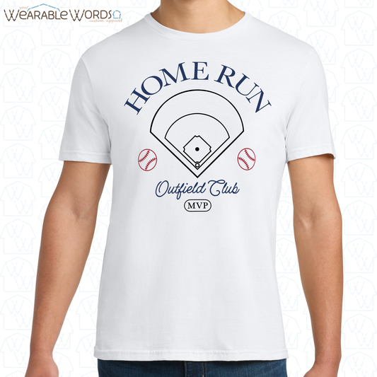 Home Run Outfield Club White Graphic Tee | Red White & Blue Baseball Field Vintage Style Print | Unisex T-Shirt