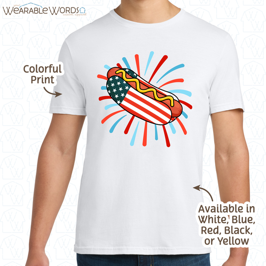 American Flag Hot Dog Graphic Tee | Red White Blue Firework Print | Unisex T-Shirt