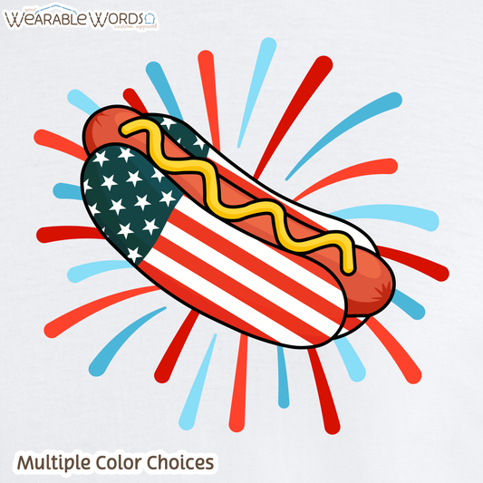 American Flag Hot Dog Graphic Tee | Red White Blue Firework Print | Unisex T-Shirt