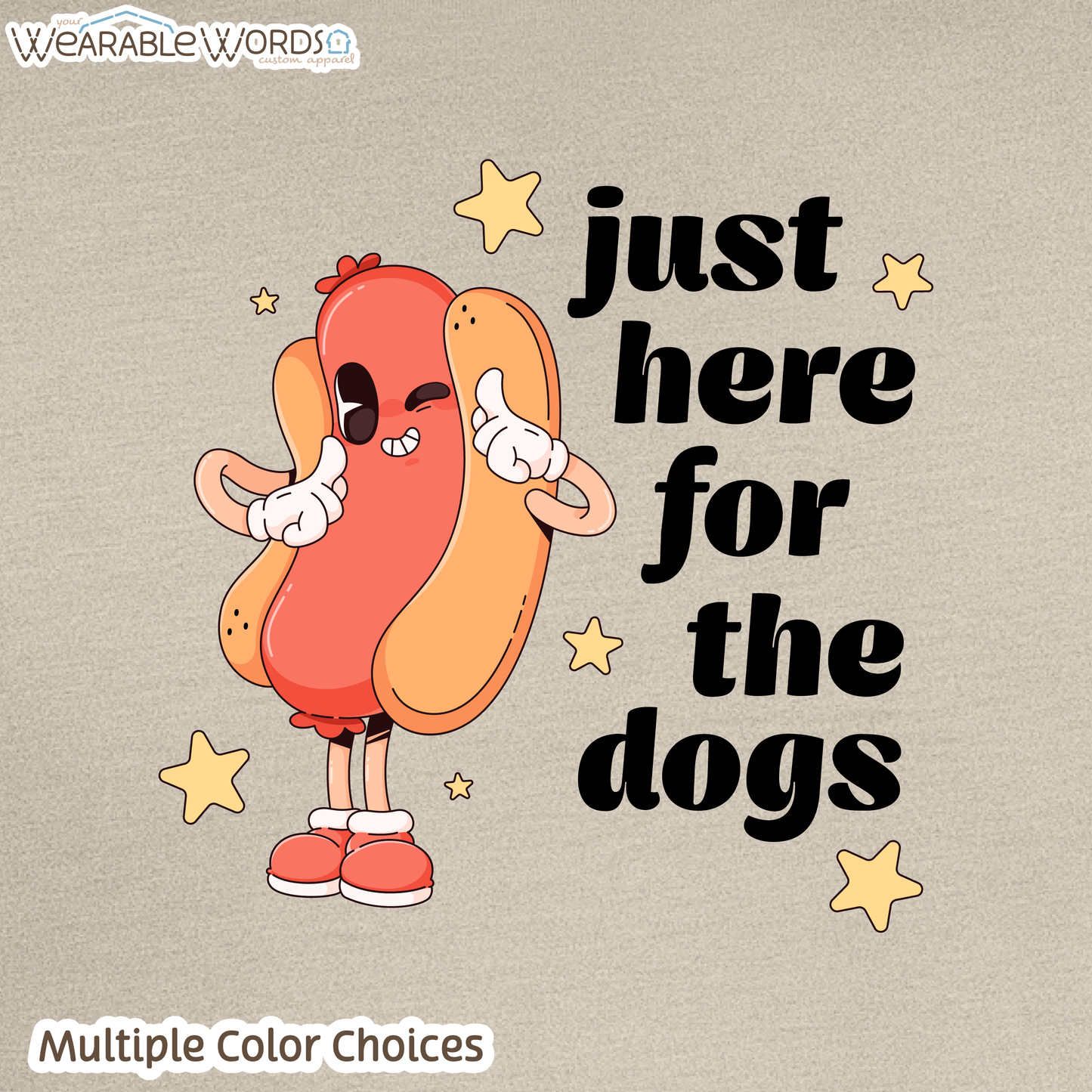 Just Here For The Dogs Graphic Tee | Cute Pastel Hot Dog Character Summer Stars Print | Unisex T-Shirt