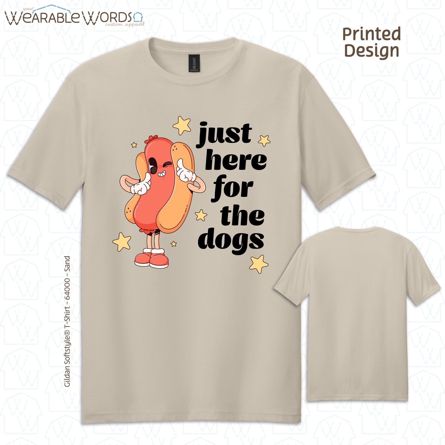 Just Here For The Dogs Graphic Tee | Cute Pastel Hot Dog Character Summer Stars Print | Unisex T-Shirt