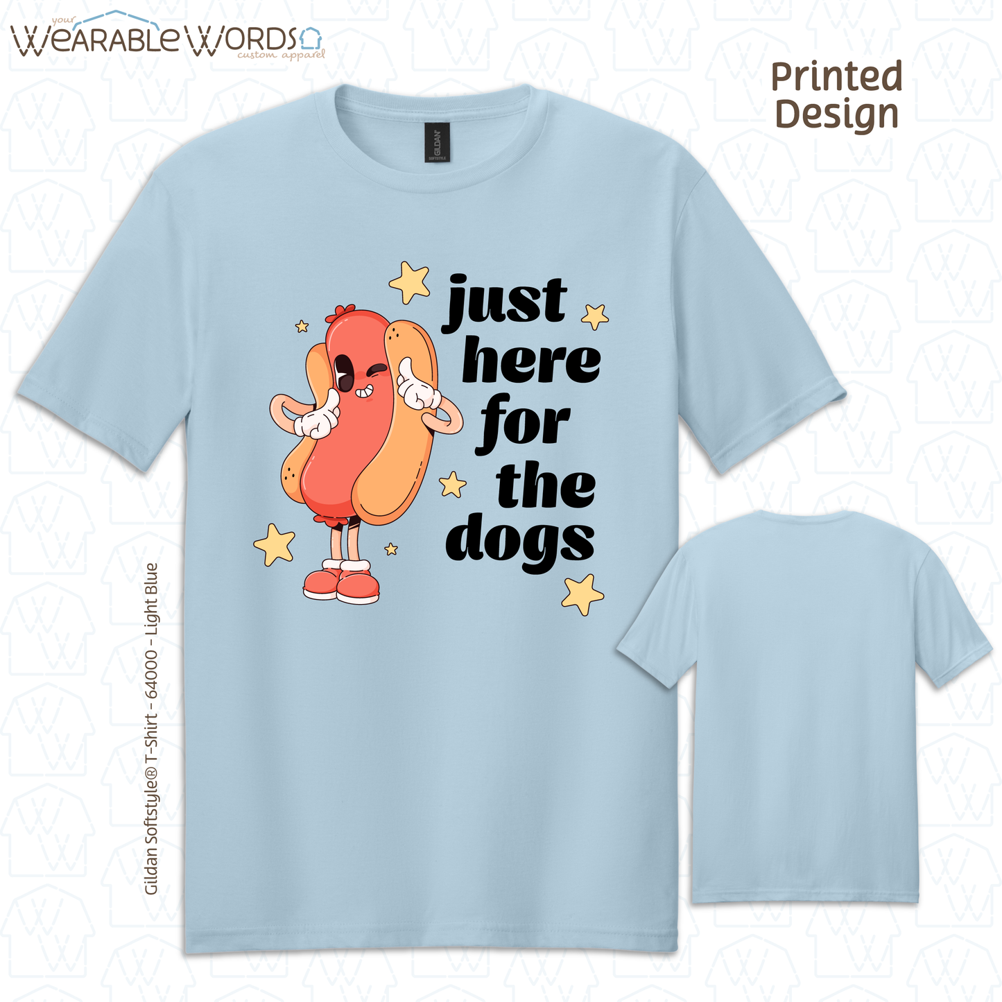 Just Here For The Dogs Graphic Tee | Cute Pastel Hot Dog Character Summer Stars Print | Unisex T-Shirt