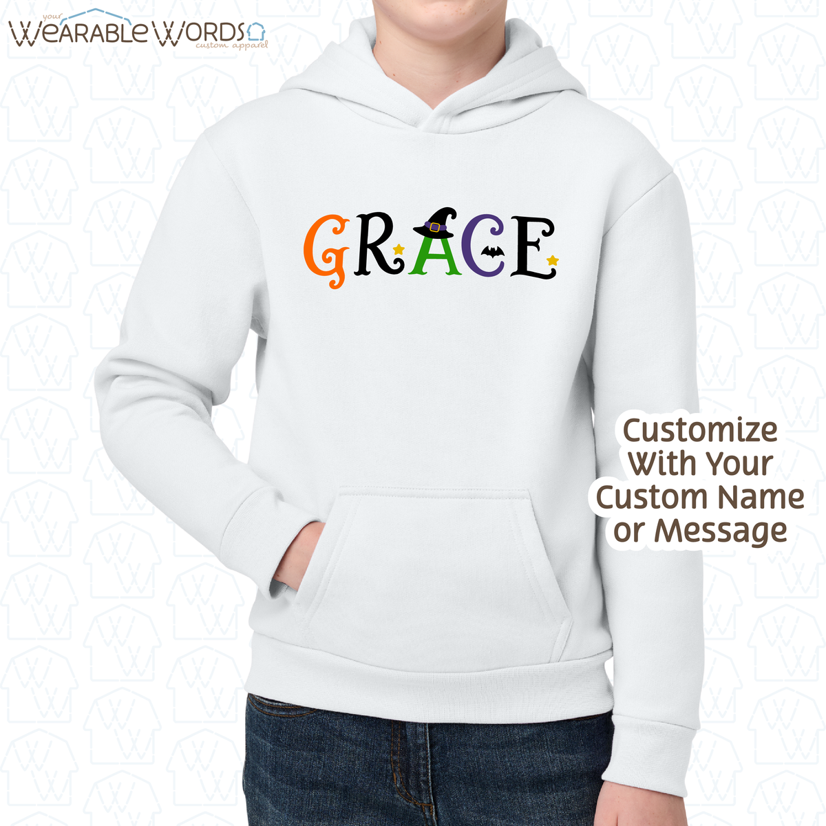 Custom Name Halloween Font Kids Graphic Hoodie | Cute Fun Spooky Colorful Letters Children's Print | Unisex Youth Sweatshirt