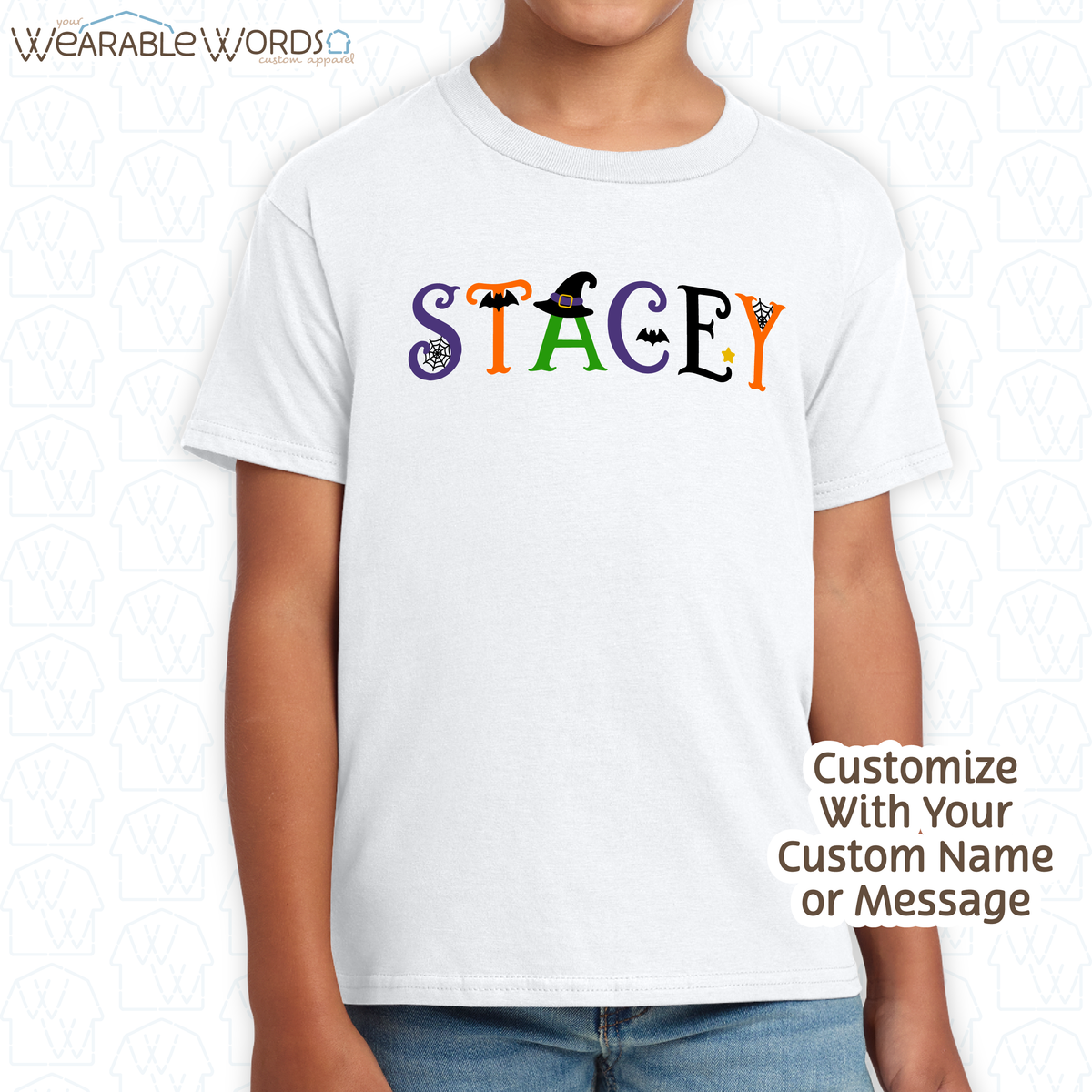 Custom Name Halloween Font Kids Graphic Tee | Cute Fun Spooky Colorful Letters Children's Print | Unisex Youth T-Shirt