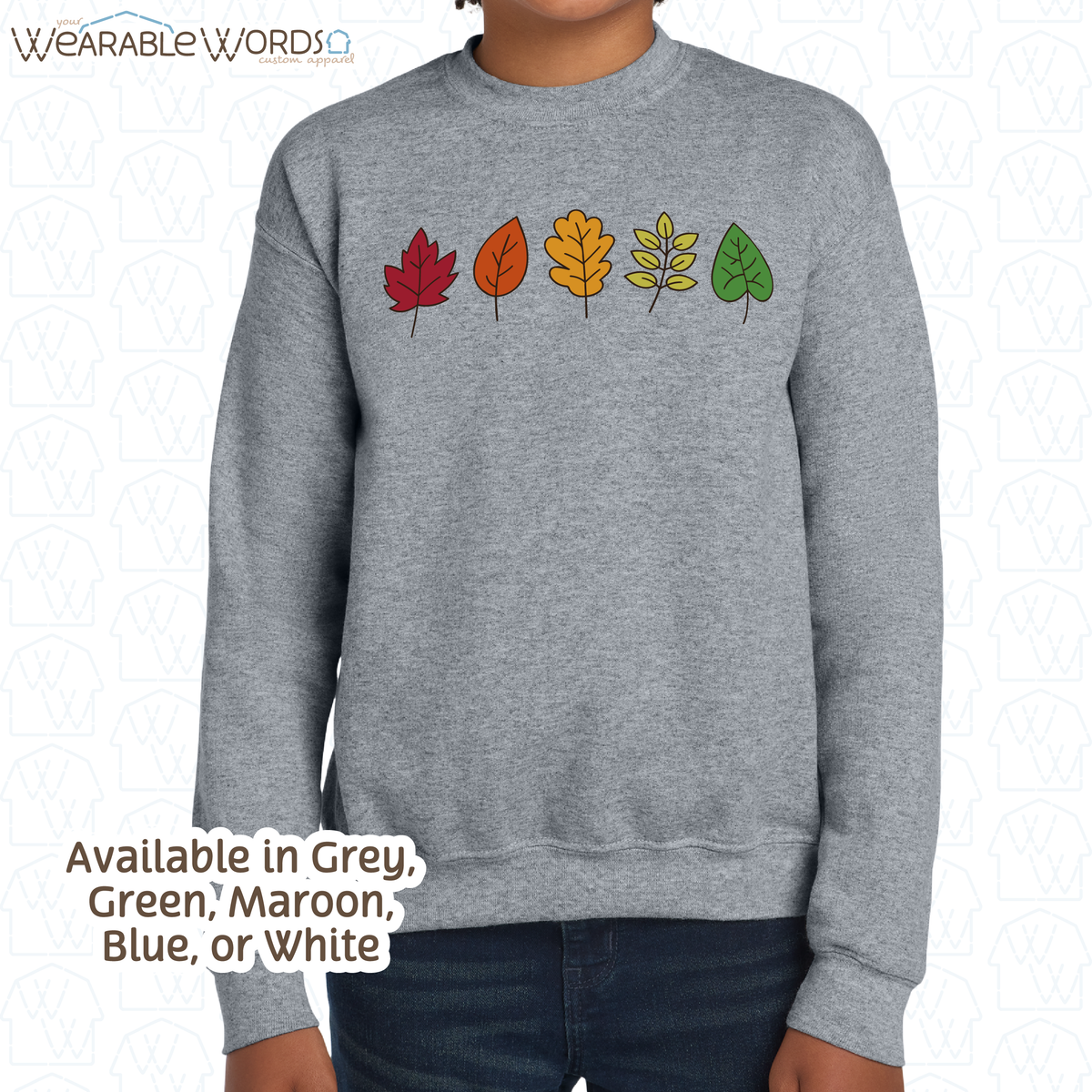 Fall Leaves Kids Graphic Crewneck | Simple Colorful Autumn Changing Tree Leaf Print | Unisex Youth Sweatshirt