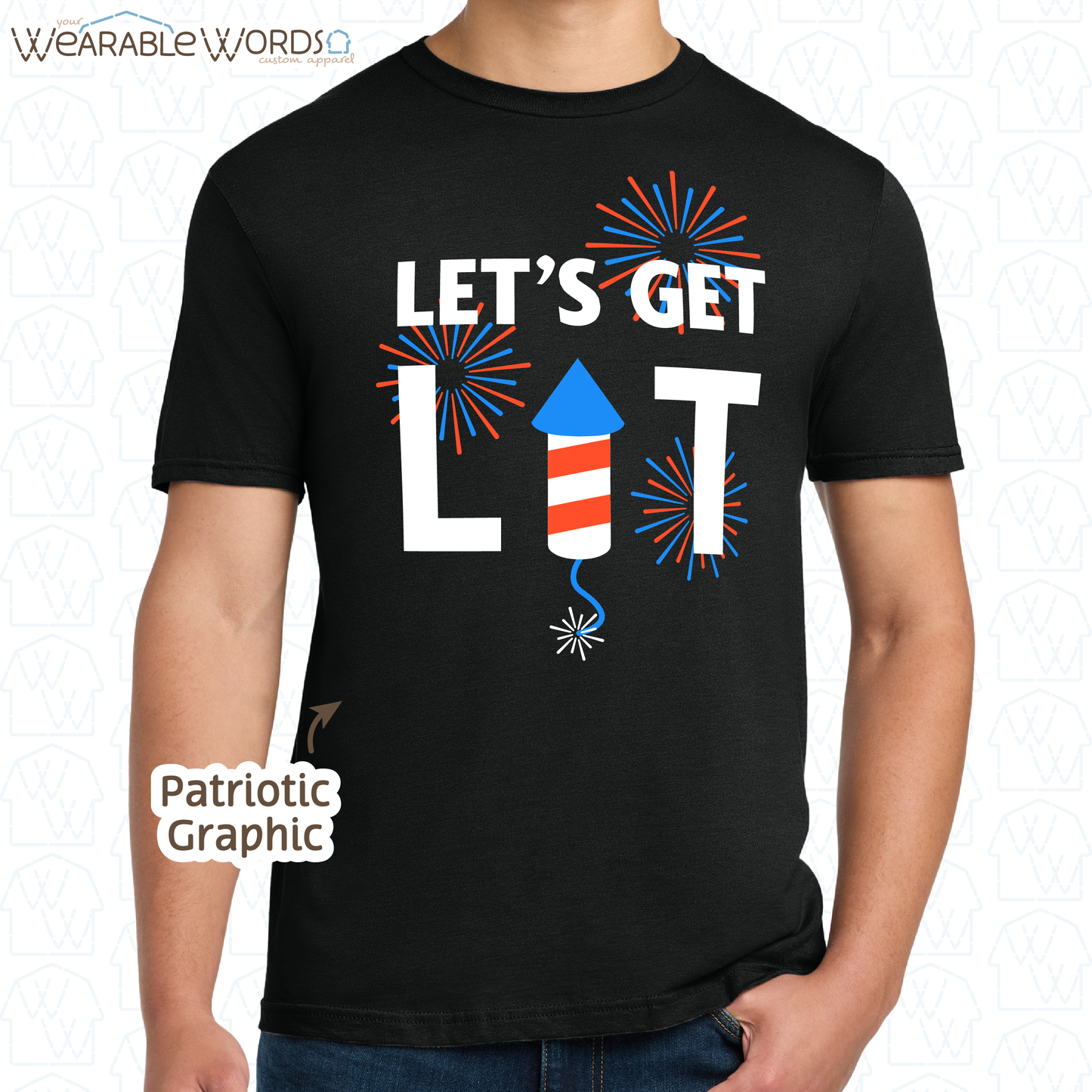 Let's Get Lit Fireworks Graphic Tee | Funny Red White & Blue American Print | Unisex T-Shirt