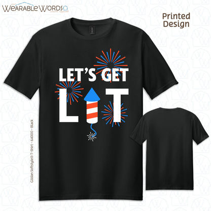 Let's Get Lit Fireworks Graphic Tee | Funny Red White & Blue American Print | Unisex T-Shirt