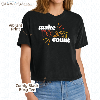 Make Today Count Graphic Tee | Red Orange Yellow Motivational Sunshine Print | Women's Boxy T-Shirt