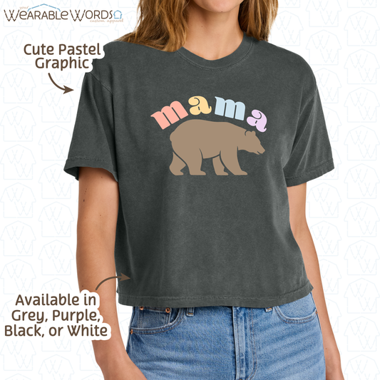 Mama Bear Graphic Tee | Cute Colorful Pastel Print | Women's Boxy T-Shirt