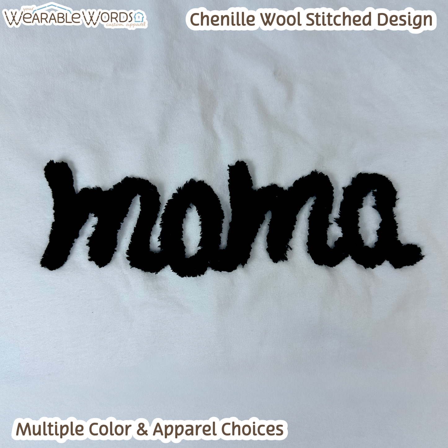 Mama Chenille Wool Black Embroidered Tee | Pink, White, Grey, or Tan T-Shirt