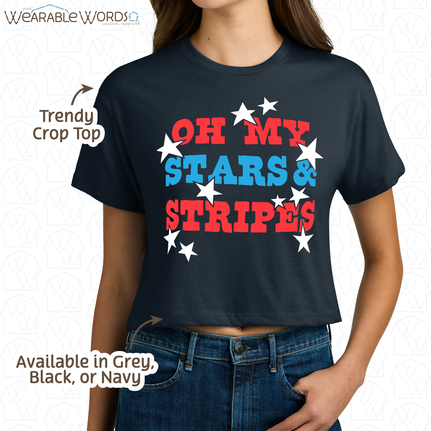 Oh My Stars And Stripes Cropped Graphic Tee | Fun Red White & Blue Print | Women's Crop Top