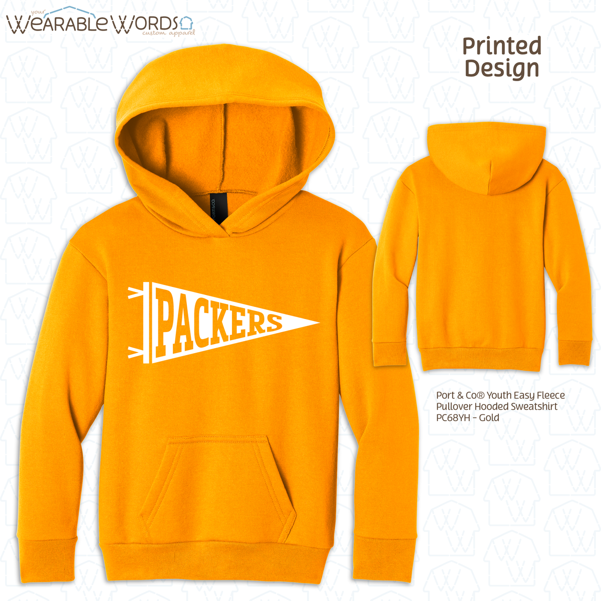 Custom Team Football Pennant Kids Graphic Hoodie | White Varsity Collegiate Sports Children's Print | Unisex Youth Sweatshirt